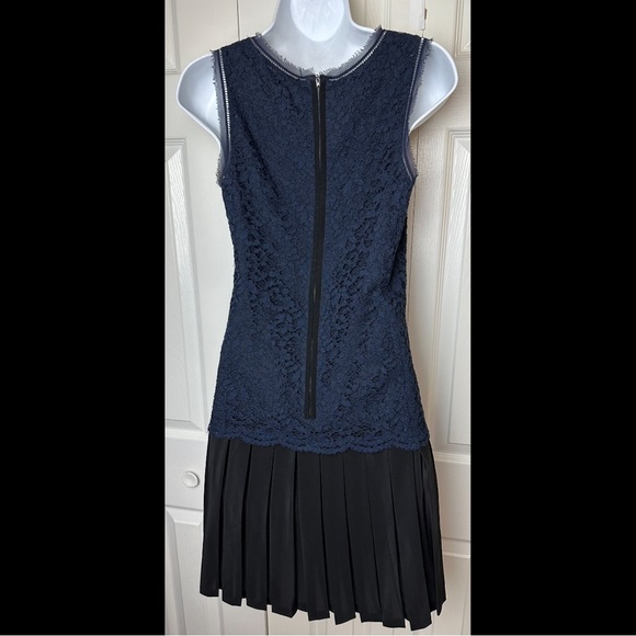 REBECCA TAYLOR $425 Navy Blue Lace Dress Black Pleated Skirt Silk Mix Contrast - Picture 10 of 15